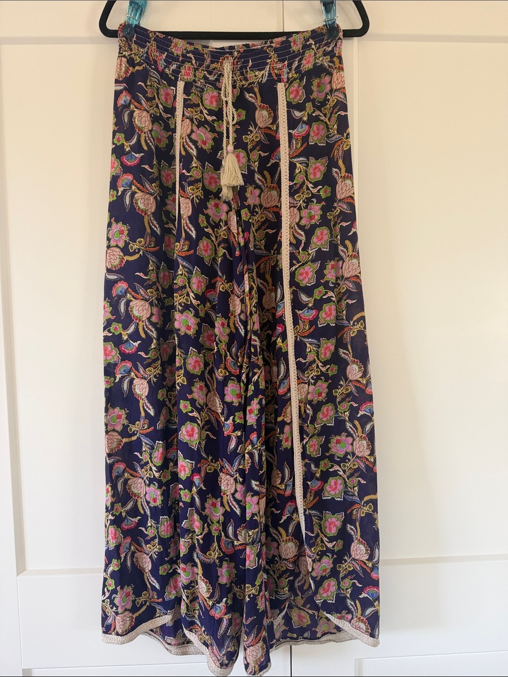 Anthropologie Navy Wide-Leg Pants with Pink & Green Floral Print